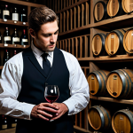 A professional sommelier, fully clothed in a dark, modest sommelier suit with a crisp white shirt and tasteful apron, stands in a sophisticated, dimly lit wine cellar. The sommelier is holding a wine glass, carefully observing the wine's color against a light source, with ancient oak barrels and rows of vintage wine bottles filling the background. The pose is natural and contemplative, reflecting deep knowledge and expertise. perfect anatomy, correct proportions, natural pose, well-formed hands, proper finger count, natural body proportions, professional photography, high quality, safe for work, appropriate content, fully clothed, professional, modest.