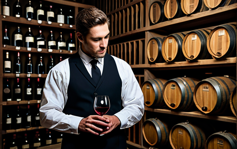 A professional sommelier, fully clothed in a dark, modest sommelier suit with a crisp white shirt and tasteful apron, stands in a sophisticated, dimly lit wine cellar. The sommelier is holding a wine glass, carefully observing the wine's color against a light source, with ancient oak barrels and rows of vintage wine bottles filling the background. The pose is natural and contemplative, reflecting deep knowledge and expertise. perfect anatomy, correct proportions, natural pose, well-formed hands, proper finger count, natural body proportions, professional photography, high quality, safe for work, appropriate content, fully clothed, professional, modest.